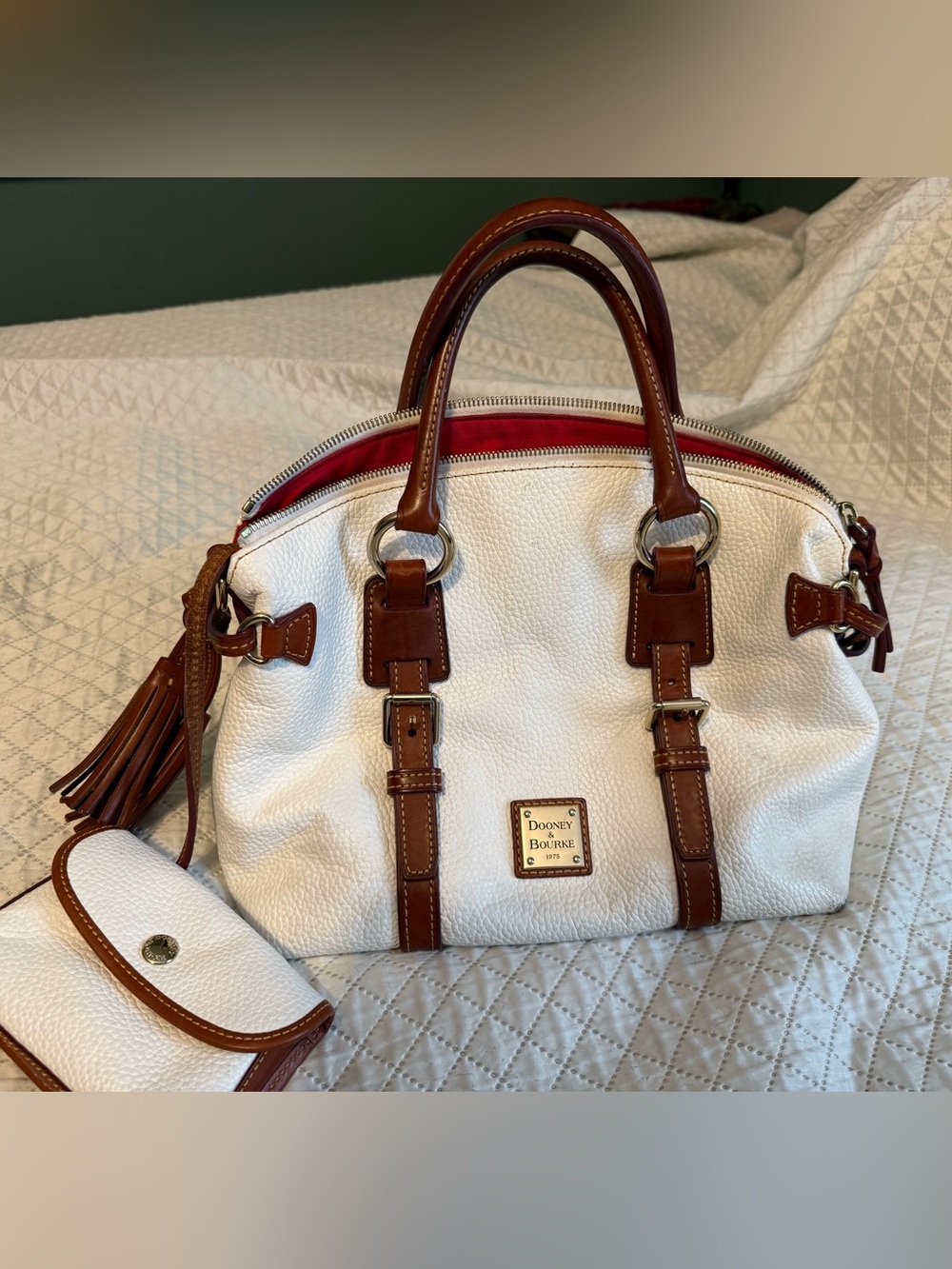 Dooney & Bourke White Pebbled Leather Satchel with Brown Trim w/coin purse